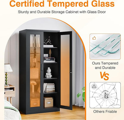 Glass Display Cabinet with 4 Adjustable Shelves, 71" Tall Curio Cabine with Tempered Glass Door, Liquor Cabinet with Lock, 5-Tier Bookcase Storage Cabinet for Home, Study, Living Room (Black)