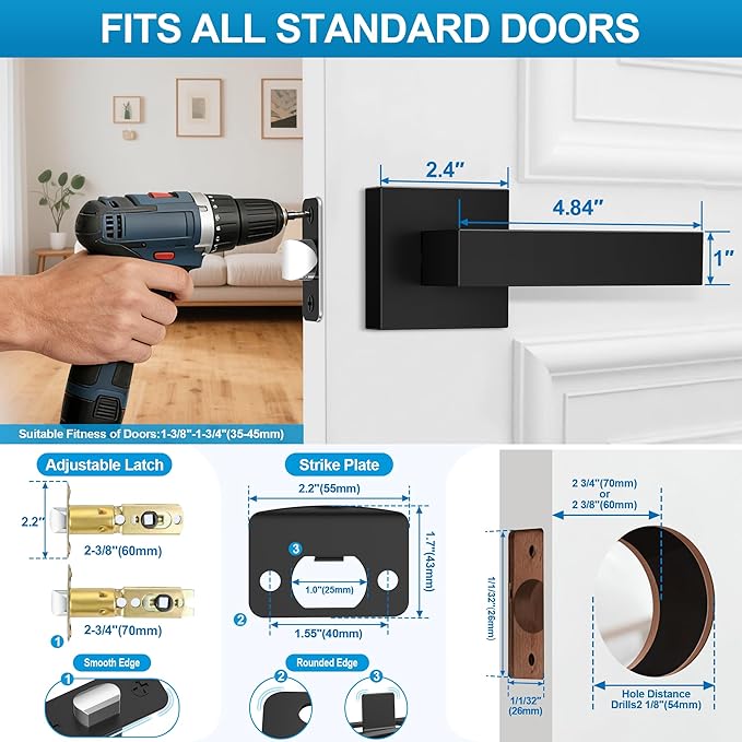 1 Pack Matte Black Door Handles, Passage Door Levers for Hallway & Closet, Interior Keyless Door Knobs Heavy Duty Square Non-Locking Handlesets, Reversible for Left & Right Sided Doors