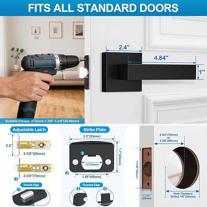 1 Pack Matte Black Door Handles, Passage Door Levers for Hallway & Closet, Interior Keyless Door Knobs Heavy Duty Square Non-Locking Handlesets, Reversible for Left & Right Sided Doors