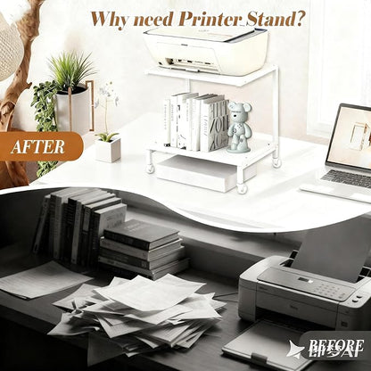 Printer Stand with Storage for Desk, with Wheel, 2 Tier Desktop Printer Stand-Multi-Purpose Desk Organizer, Large Wooden Printer Table for Folders,Books,for Fax Machine, Scanner,Home Office