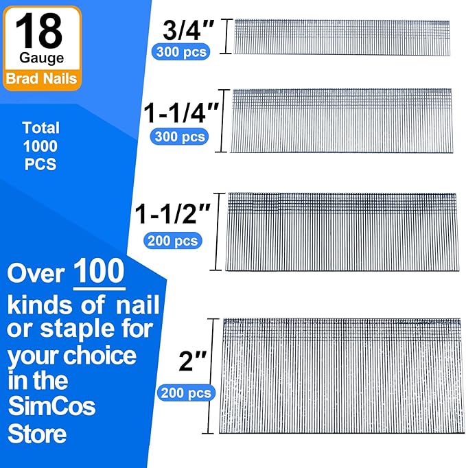 18 Gauge Brad Nails 4 Sizes (2",1-1/2",1-1/4",3/4") Galvanized 18 GA Nail Gun Nails Assorted and Small Finishing Nails for Pneumatic, Electric Brad Nailer (Assembly 1000)