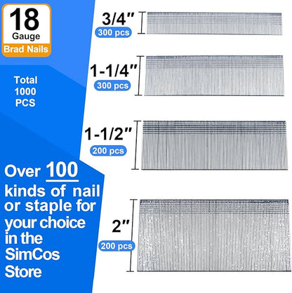 18 Gauge Brad Nails 4 Sizes (2",1-1/2",1-1/4",3/4") Galvanized 18 GA Nail Gun Nails Assorted and Small Finishing Nails for Pneumatic, Electric Brad Nailer (Assembly 1000)