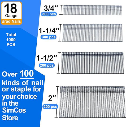 18 Gauge Brad Nails 4 Sizes (2",1-1/2",1-1/4",3/4") Galvanized 18 GA Nail Gun Nails Assorted and Small Finishing Nails for Pneumatic, Electric Brad Nailer (Assembly 1000)