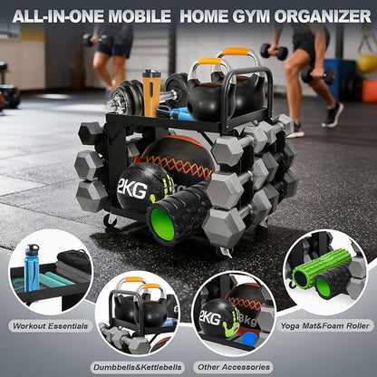 All-in-One Home Gym Storage Cart with Wheels and Handle, 2-Tier Heavy Duty Adjustable Weight Rack for Small Dumbbells, Kettlebells,Yoga Mats, Fitness Gear