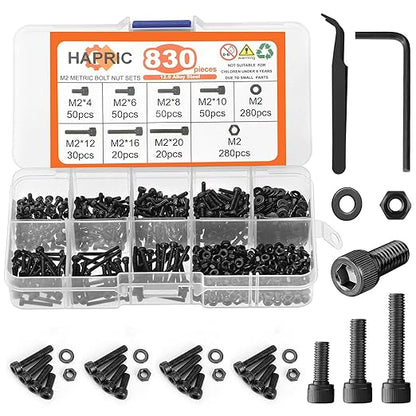 830 Pcs M2 Screws Kit Metric Bolts Kit M2*4mm/6mm/8mm/10mm/12mm/16mm/20mm Machine Screw Kit, 12.9 Alloy Steel Black Zinc Plated Hex Socket Head Screws Nuts Bolts and Washers Set