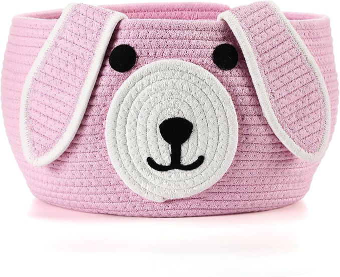 Zopeal Dog Woven Basket Cute Woven Cotton Rope Puppy Animal Storage Basket for Laundry Toy Gift(Pink,13 x 8 Inch)