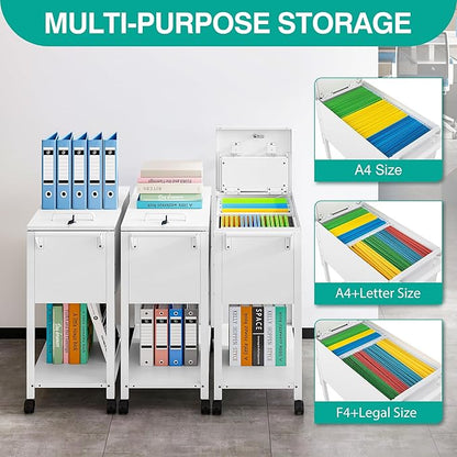 Rolling File Cart with Wheels Hanging Files,Rolling File Cabinet Organizer,Rolling Hanging File Folder Cart on Wheels,Metal Filing Cart,Fit A4/F4/Letter/Legal File for Home Office (White)