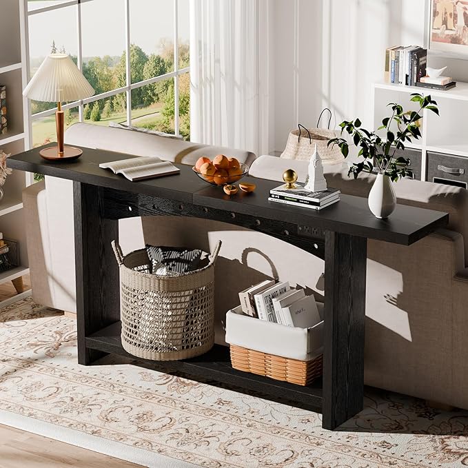 71" Console Table with Charging Station, Farmhouse Entryway Table, Entryway Table with Storage for Living Room or Foyer, Sofa Table for Hallway with Anti-Tip, Easy Assembly, Black