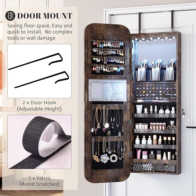 Vlsrka 6 LEDs Mirror Jewelry Cabinet Door Hanging, 47.2" Wall Mounted Jewelry Cabinet, Lockable Full Length Mirror with Storage, Rounded Corner Mirror Jewelry Organizer, 2 Drawers, Rustic Brown