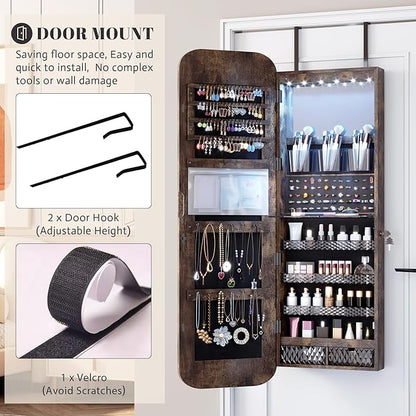 Vlsrka 6 LEDs Mirror Jewelry Cabinet Door Hanging, 47.2" Wall Mounted Jewelry Cabinet, Lockable Full Length Mirror with Storage, Rounded Corner Mirror Jewelry Organizer, 2 Drawers, Rustic Brown
