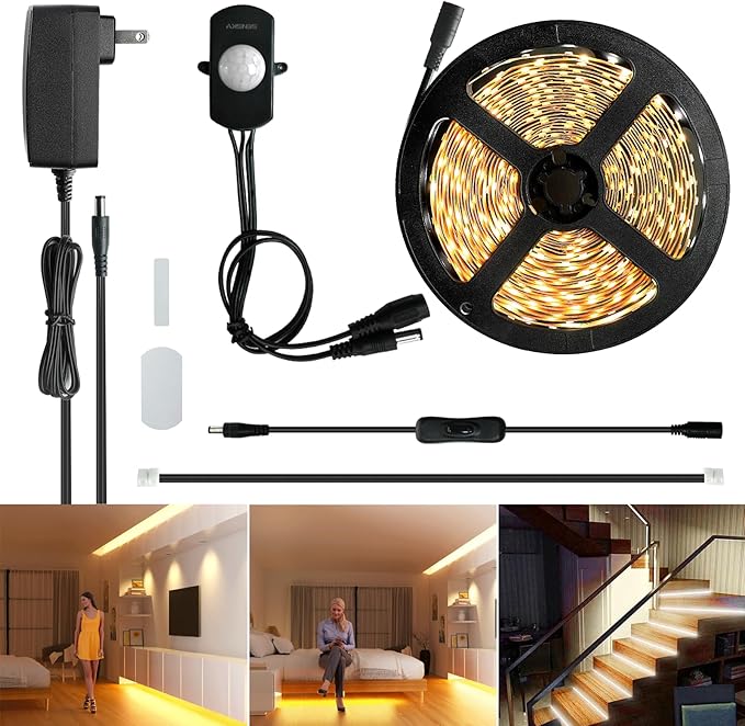 Sensky Dimmable PIR Motion Sensor LED Under Cabinet Lighting Kit Extendable Under Counter LED Light with Motion Sensor for Gun Safe Lighting,Shelf,TV Wall Lighting,Mirror,Bedroom(8.2FT,2800-3200K)
