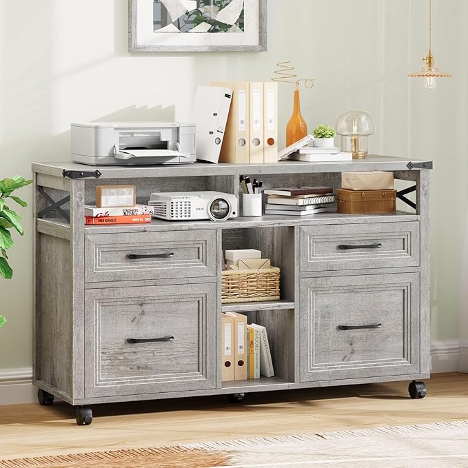 Vabches Farmhouse Filing Cabinet with Adjustable Shelf & Wheels, Lateral File Cabinets, Office Storage Cabinet with 4 Drawers and Open Storage Space, for Hanging Files Letter/A4, for Home Office.Grey