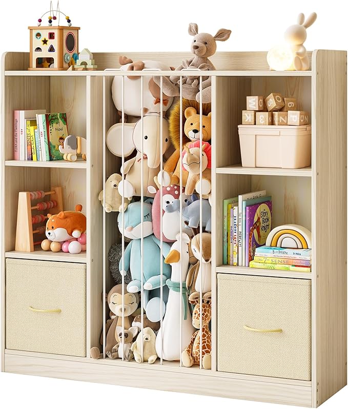 Toy Storage Organizer with Stuffed Animal Storage, Wooden Toy Organizer & Stuffed Animal Zoo, 6 Cubes Shelf with Removable Drawers, 4 -in-1 Book Shelf for Kids Room, Playroom, Nursery