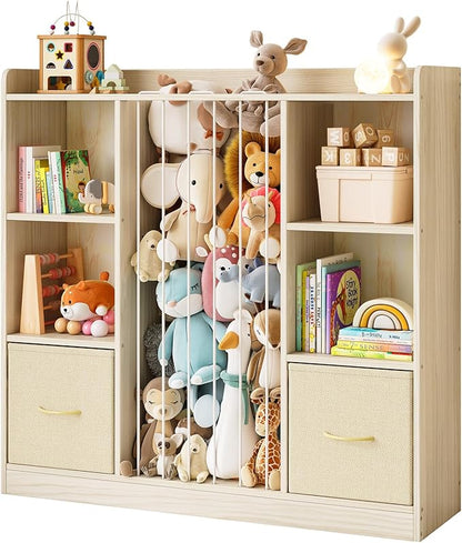 Toy Storage Organizer with Stuffed Animal Storage, Wooden Toy Organizer & Stuffed Animal Zoo, 6 Cubes Shelf with Removable Drawers, 4 -in-1 Book Shelf for Kids Room, Playroom, Nursery