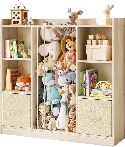 Toy Storage Organizer with Stuffed Animal Storage, Wooden Toy Organizer & Stuffed Animal Zoo, 6 Cubes Shelf with Removable Drawers, 4 -in-1 Book Shelf for Kids Room, Playroom, Nursery