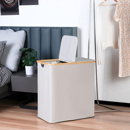 efluky Laundry Hamper with Lid, Double Laundry Hamper with 2 Removable Bags, 2 Section Laundry Basket with Bamboo Handles for Bathroom, Bedroom & Laundry Room, 140L (36.9 Gallon) Light Grey