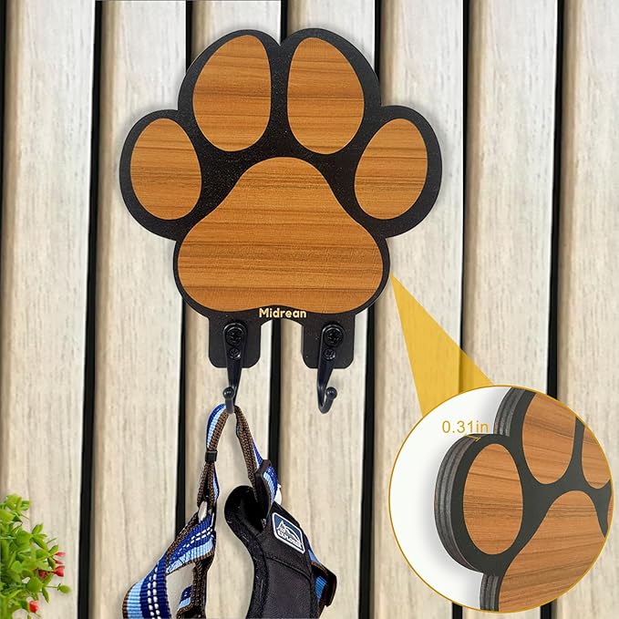 2pcs Dog Leash Holder for Wall Mount Hanger Hook,Farmhouse Wooden Dog Paws Key Rack Accessories for Rustic Home Decor