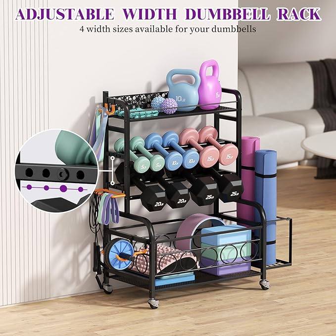 400LBS Dumbbell Rack, VOPEAK Adjustable Weight Rack for Home Gym, Home Gym Storage Rack for Yoga Mat Kettlebells and Strength Training Equipment, Weight Storage Rack for Dumbbells with Wheels