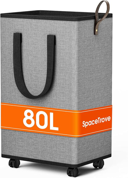Laundry Basket with Wheels, Collapsible Laundry Baskets, Laundry Hamper with Handles Detachable Wheels, Rolling Laundry Basket, Dirty Clothes Hamper for Bathroom, Dorm, Bedroom, Grey, 80L