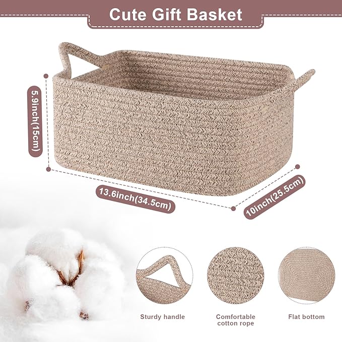 Basket for Gifts Empty, Woven Storage Basket with Gift Bag, Ribbon and Wrap Tissue Paper, Small Rope Toy Storage with Handles for Baby Shower, Dog Toy Organizer, 13.6" x 10" x 5.9”