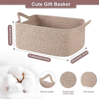 Basket for Gifts Empty, Woven Storage Basket with Gift Bag, Ribbon and Wrap Tissue Paper, Small Rope Toy Storage with Handles for Baby Shower, Dog Toy Organizer, 13.6" x 10" x 5.9”