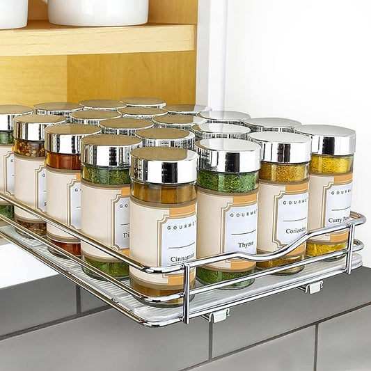 LYNK PROFESSIONAL® Pull Out Spice Rack Organizer for Inside Kitchen Cabinets - 8-3/8 inch Wide - Slide Out Drawer – Chrome Sliding Spice Organization for cabinet - Spice Racks - 1 Tier