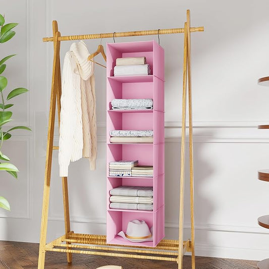 Hanging Closet Organizer, Easy Mount Foldable 6-Shelf Hanging Closet Wardrobe Storage Shelves, Clothes Handbag Shoes Accessories Storage, Washable Oxford Cloth Fabric, Pink