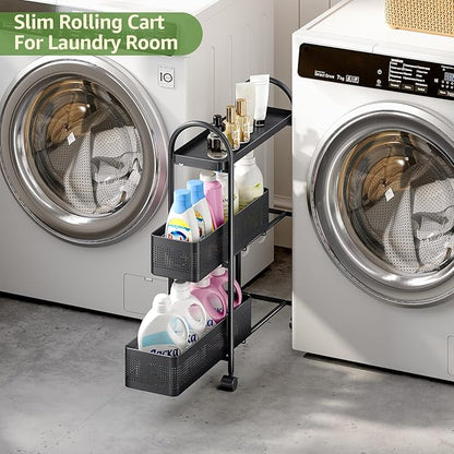 KINGRACK 3-Tier Slim Storage Cart with Pull Out Basket, Rolling Bathroom Organizer Utility, Metal Shelving Unit Slide Out, Lockable Wheels, Easy Assembly for Narrow Place, Kitchen, Laundry Room, Black