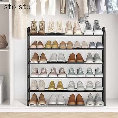 STO STO Expandable Shoe Rack, 5-Tier Metal Shoe Rack for Closet, Up to 24 Pairs Adjustable Shoe Rack Storage for Front Door Entrance, Free Standing Shoe Rack Organizer for Entryway, Black