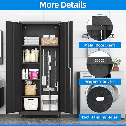 Garage Storage Cabinet with 4 Wheels,Lockable Tool Cabinets with Pegboard and 4 Adjustable Shelves,71" H Broom Closet Cabinets for Utility Room,Workshop,Black