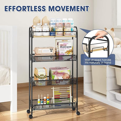 TOOLF 4-Tier Slim Rolling Cart, Metal Utility Cart, Slide Out Storage Cart with Wooden Tabletop and Mesh Baskets for Narrow Space on Kitchen Bathroom Laundry Room Bedroom Apartments Dormitory