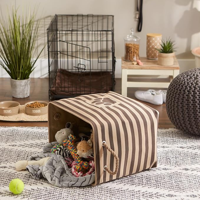 Bone Dry Pet Storage Collection Striped Paw Patch Bin, Large Rectangle, Brown