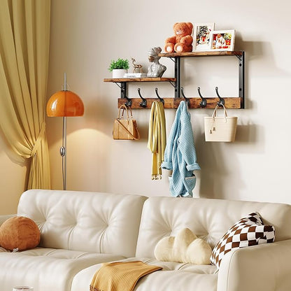 Homeiju 28.7" Coat Rack Wall Mount with Shelf, Key Hooks for Wall with Shelf, Coat Hooks Wall Mounted with 6 Heavy Duty Double Hooks for Bedroom,Living Room, Rustic Brown