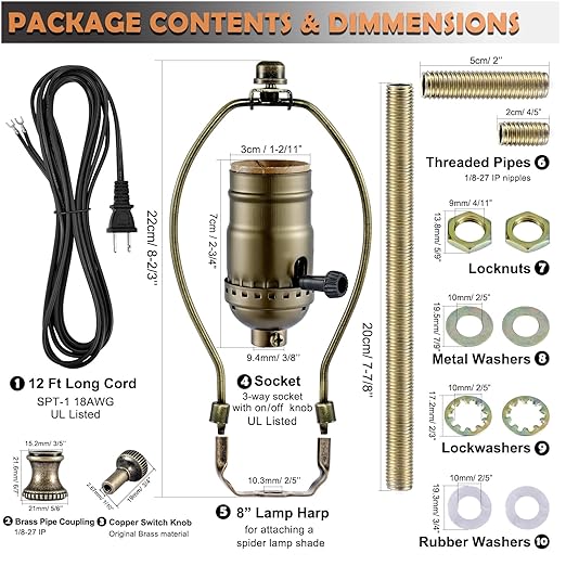 Lamp Rewire Kit,Make a Lamp or Repair Kit,3-Way Lamp Socket with Matching Cord Lamp Harp Set,Lamp Wiring Kit for Table Floor Lamp,Essential Hardware for DIY Lamp Design or Repair (Antique Brass, 1)