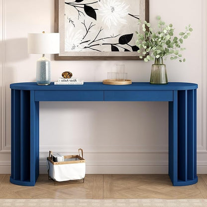 59-inch Long Console Table, Oak Veneer Sofa Table, Curved and Straight Line Design Couch, Farmhouse Entryway Table for Entrance, Hallway, Living Room (Navy Blue-J49)