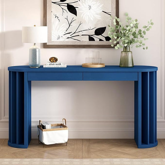 59-inch Long Console Table, Oak Veneer Sofa Table, Curved and Straight Line Design Couch, Farmhouse Entryway Table for Entrance, Hallway, Living Room (Navy Blue-J49)