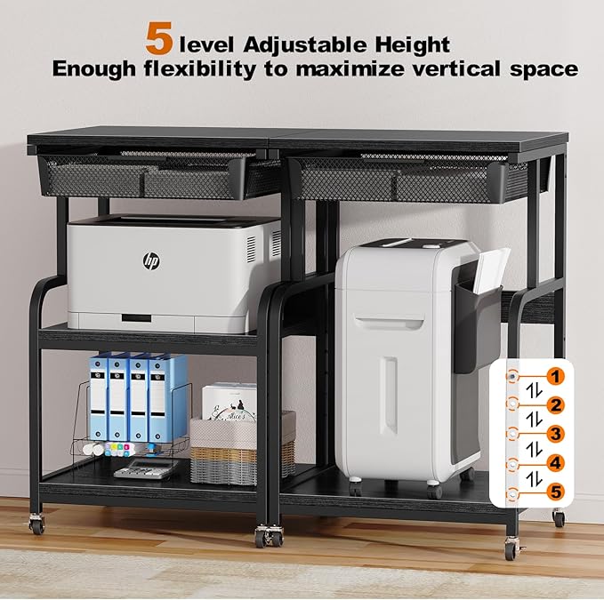 EasyCom Large Printer Stand with Storage Drawer, 5 Adjustable Shelf & 3-Tier Rolling Cart with Industrial Wheels for Desk, Mobile Printer Table for Home Office Fits 3D Printer Scanner Fax Black