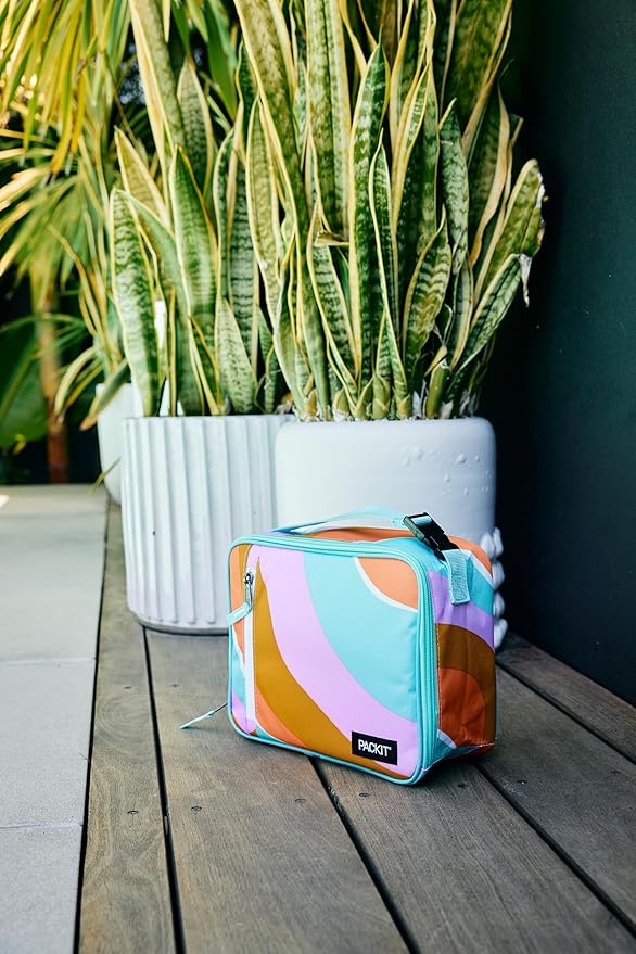 PackIt® Freezable Classic Lunch Box, Retro Wave, Built with EcoFreeze® Technology, Fully Freezable, Collapsible, Reusable, With Zip Front Pocket and Buckle Handle, Designed for Fresh Lunch On the Go