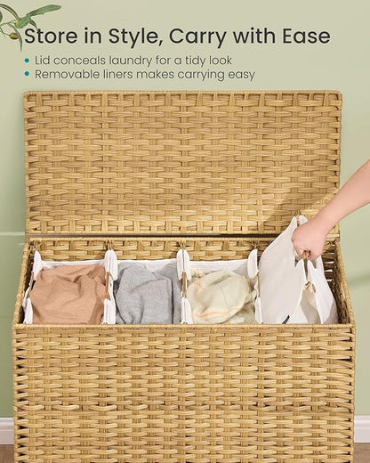SONGMICS 4-Section Laundry Hamper with Lid, 55.4 Gal (210L) PE Rattan Laundry Basket with Removable Washable Liners, for Bedroom & Living Room, Goose Yellow ULCB224YE01