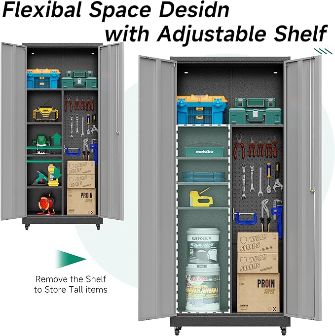 Metal Garage Storage Cabinet with Locking Doors and Adjustable Shelves, Rolling Tool Storage on Wheels - Black Gray