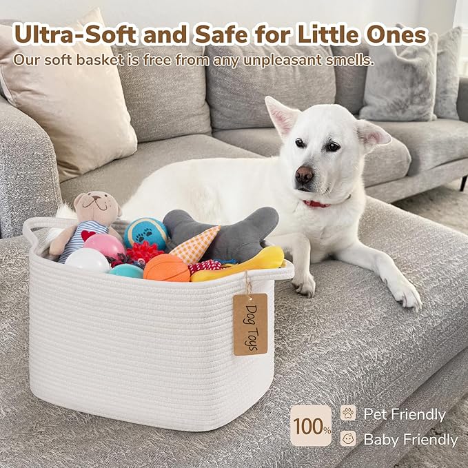 Goodpick Rope Basket, Storage Baskets for Organizing, Rectangle Baby Nursery basket with Handles, Small Woven Basket for Shelves, Living Room, 13 x 10 x 9 Inches, White