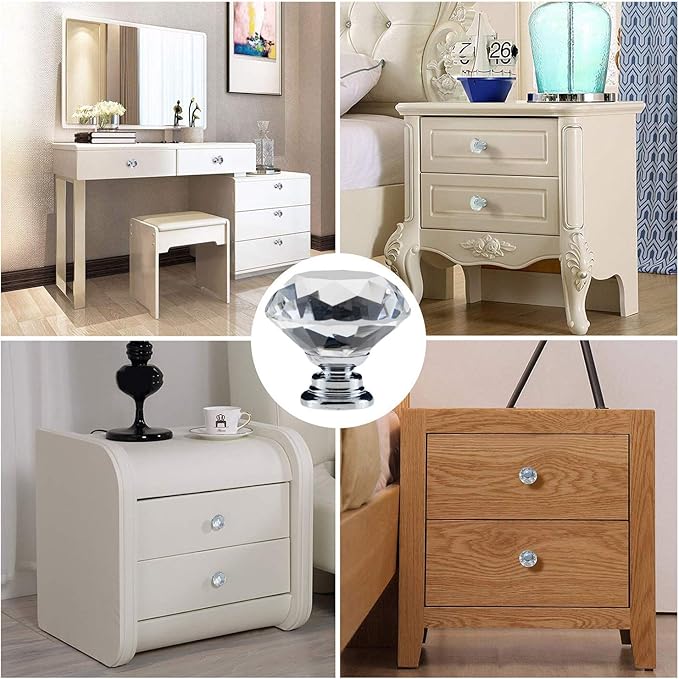 YourGift 6 Pack Drawer Knobs Diamond Shaped Crystal Glass 30mm Cabinet Knobs Pull Handles (30 mm, 6 Pack, Silver)