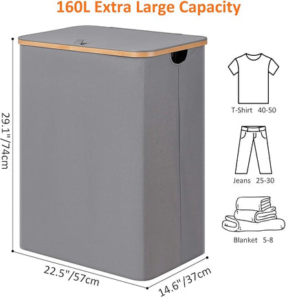 efluky Laundry Hamper with Lid, Trio Laundry Hamper with 3 Removable Bags, 3 Section Laundry Basket with Bamboo Handles for Bathroom, Bedroom & Laundry Room, 160L Silver Grey