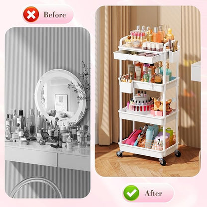 Makeup Cart Organizer with Drawers, 4 Tier Floor Skincare Organizers for Vanity, Rolling Makeup Bathroom Storage Cart Cosmetics Display Cases for Skin Care Perfume Nail Polish, White