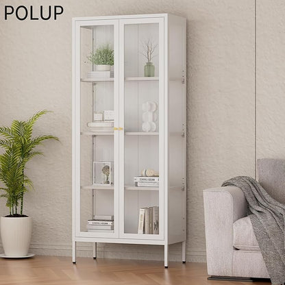 Glass Display Cabinet with Glass Doors, White Curio Cabinet with 3 Side Tempered Glass, 66" Tall Bookcase Display Case for Collectibles, Metal Storage Cabinet for Living Room, Assemble Required