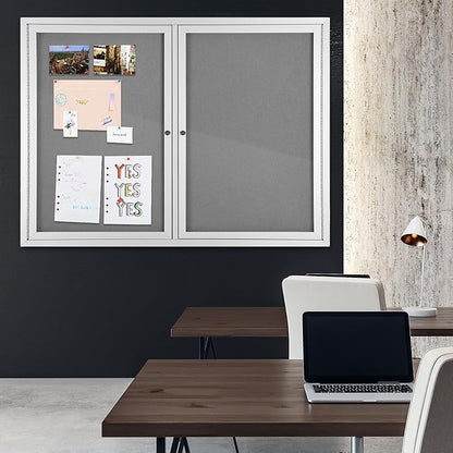 INNOVART Enclosed Bulletin Board 48” x 36”, Lockable Fabric Noticeboard with Aluminum Frame, Wall Display Case with 2 Swing-Open Doors Grey Felt, Information Cabinet for School, Office, Commercial