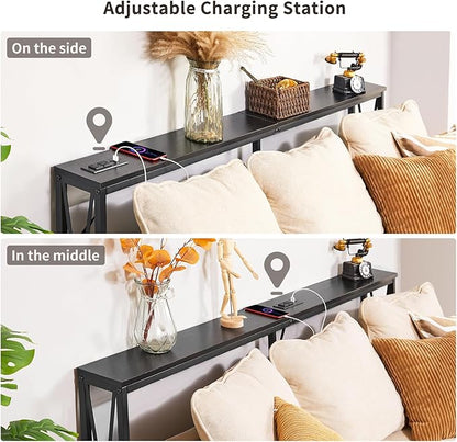 ELYKEN 5.9" Narrow Console Sofa Table with Power Outlets, 5.9" Dx63 Wx31.5 H Long Skinny Behind Couch Table with “X” Cross Metal Frame and Charge Station with 6.5’ Extension Cord, Black
