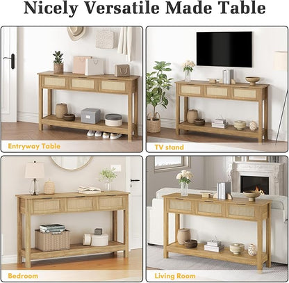 Luoxiao Rattan Console Table Boho Entryway Table with 3 Drawers Storage, Narrow Long Behind Couch Sofa Table for Living Room Side Table Entry Way Table Entrance Hallway Foyer, Natural, 47 Inch