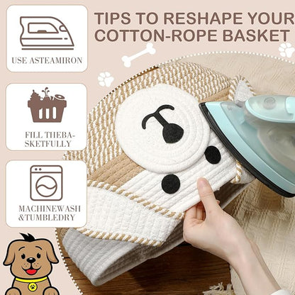 Zopeal Dog Woven Basket Cute Woven Cotton Rope Puppy Animal Storage Basket for Laundry Toy Gift(Khaki, White,13 x 8 Inch)