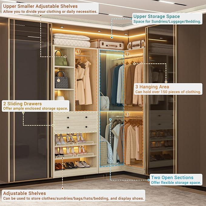 Closet System with 2 Drawers, 3 Hanging Rods, 59.5" * 31.5" Closet Organizer System with Corner Tower, Reversible L Shaped Walk-in Closet System, Corner Closet System Set of 2, Greige Oak